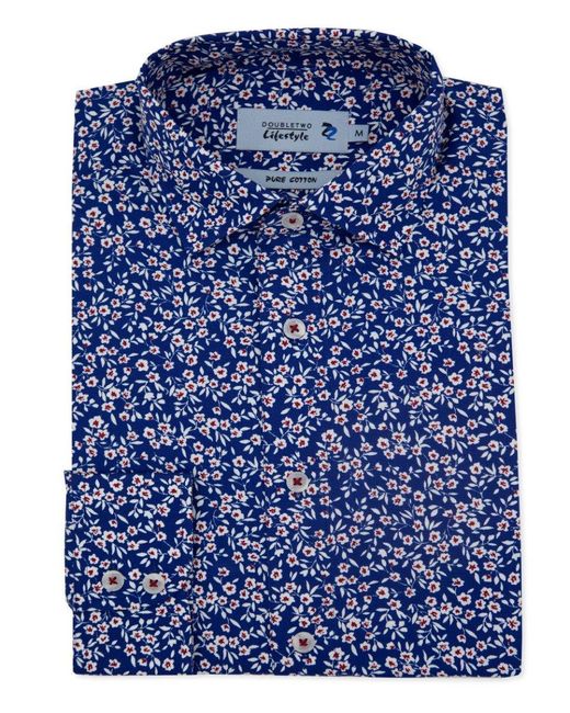 Double Two Blue Slim Fit Navy & White Floral Print Long Sleeve Casual Shirt for men