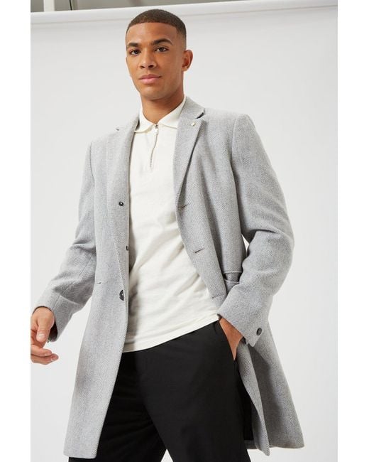 Burton Gray Grey Herringbone Marl Faux Wool Overcoat for men