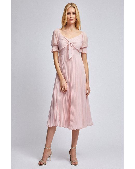 Dorothy Perkins Pink Blush Tie Front Pleated Midi Skater Dress