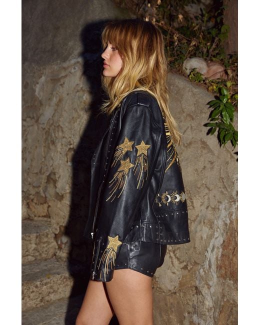 Nasty Gal Black Real Leather Star And Moon Embroidered Jacket
