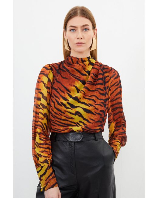 Karen Millen Orange Wild Tiger Printed Georgette Woven Blouse