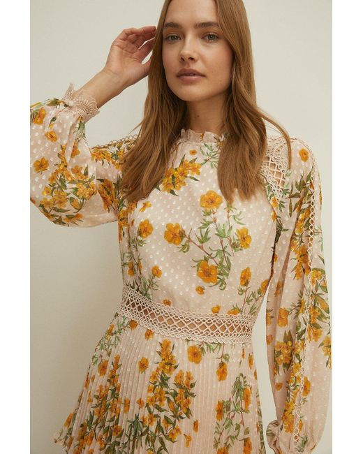 Oasis Natural Lace Trim Trailing Floral Tiered Midi Dress