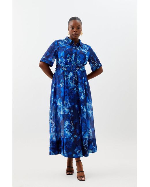 Karen Millen Blue Plus Size Floral Organdie Midaxi Shirt Dress