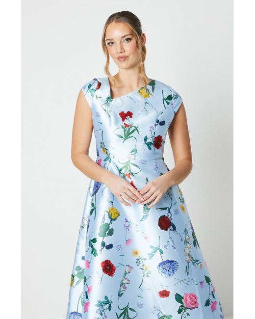 Coast Blue Printed Twill Asymmetric Seam Midi Dress