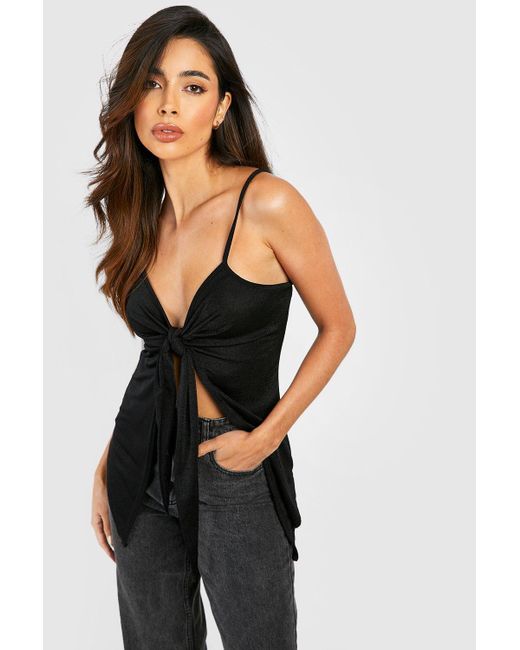 Boohoo Black Acetate Slinky Knot Front Strappy Top