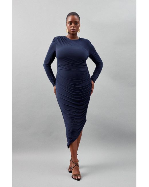 Karen Millen Blue Plus Size Jersey Crepe Ruched Long Sleeve Maxi Dress