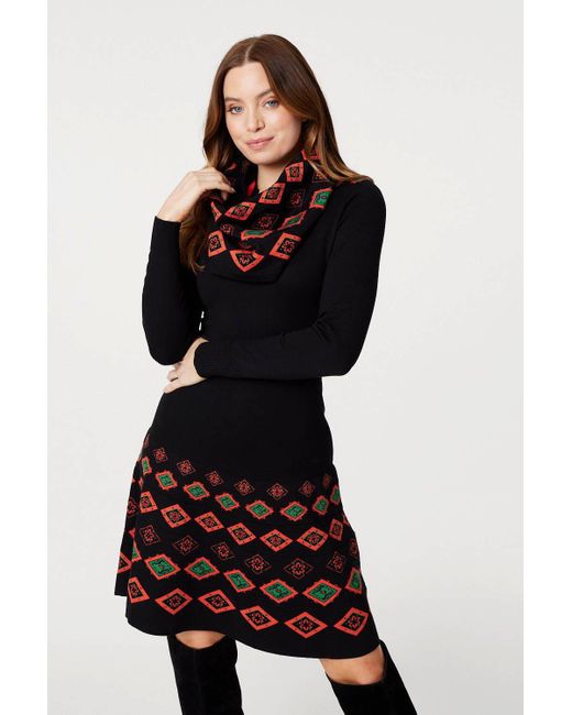 Izabel London Black Printed Fit & Flare Knit Dress