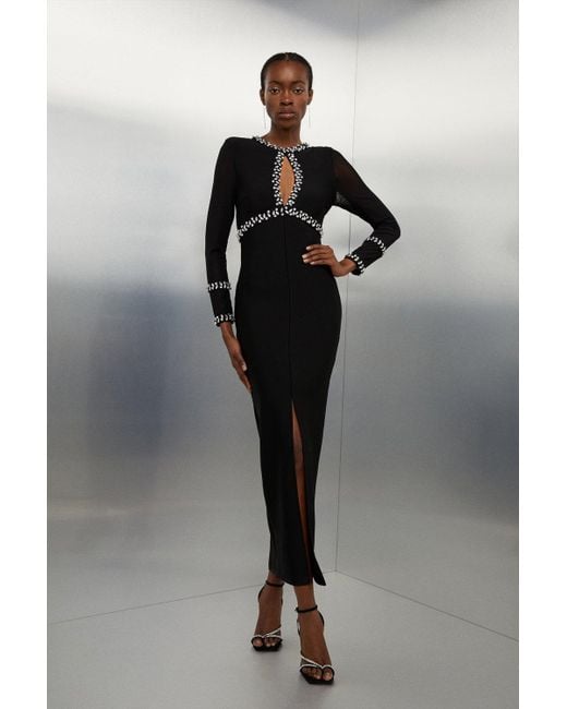 Karen Millen Black Tall Bandage Figure Form Knit Keyhole Embellished Maxi Dress