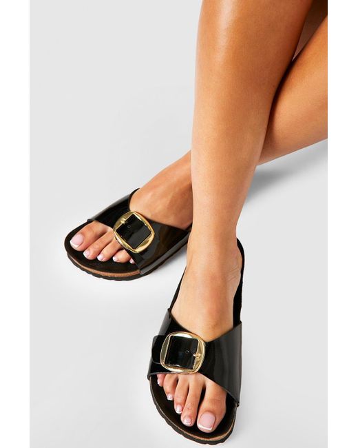 Boohoo Black Wide Fit Oversized Buckle Patent Footbed Sliders