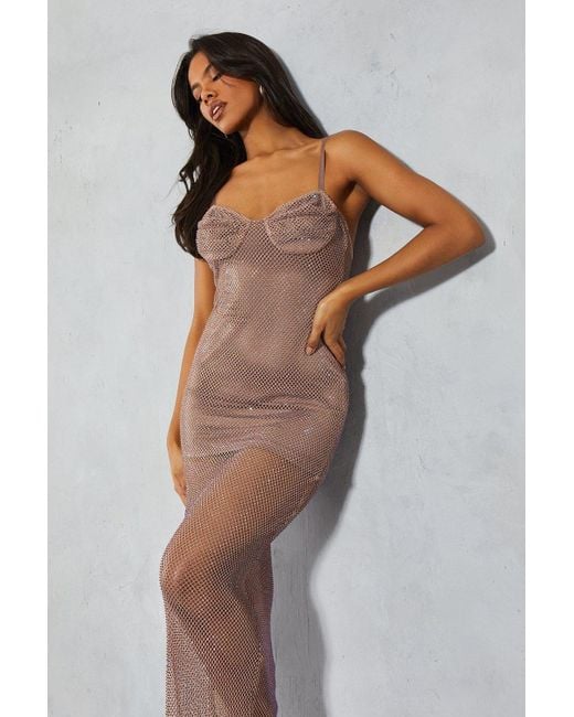 MissPap Gray Fishnet Diamante Ruched Bust Strappy Maxi Dress