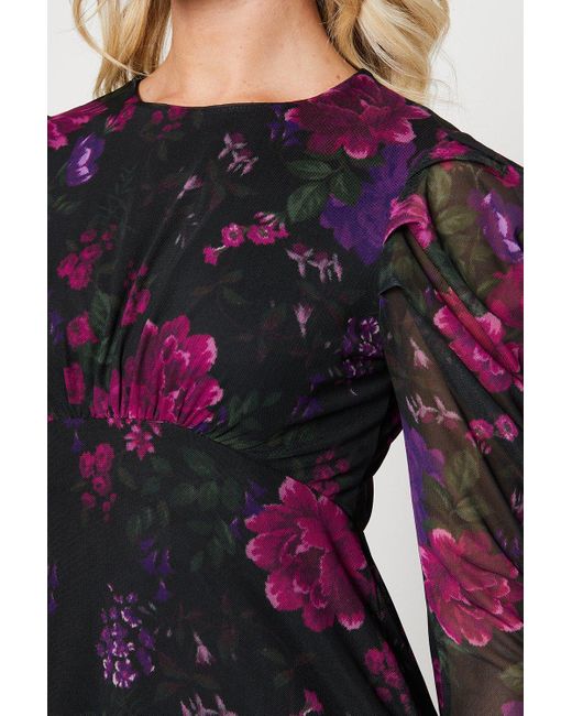 Dorothy Perkins Purple Petite Floral Mesh Puff Sleeve Midi Dress