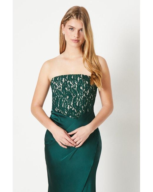 Debut London Green Corset Lace Bodice Satin Drape Skirt Prom Dress