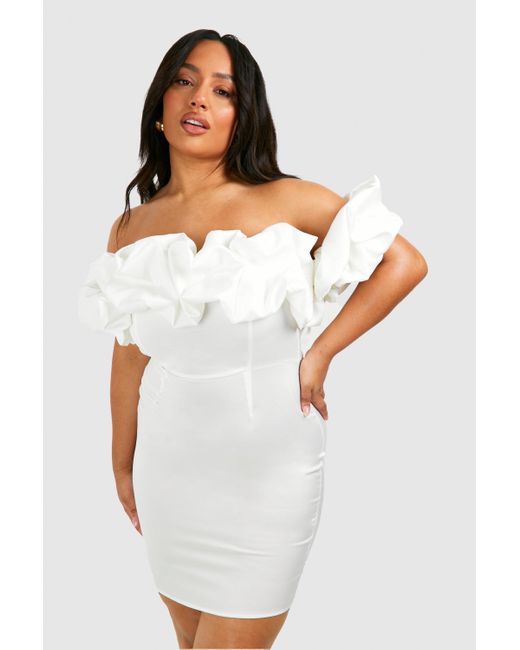 Boohoo White Plus Premium Satin Off Shoulder Mini Dress