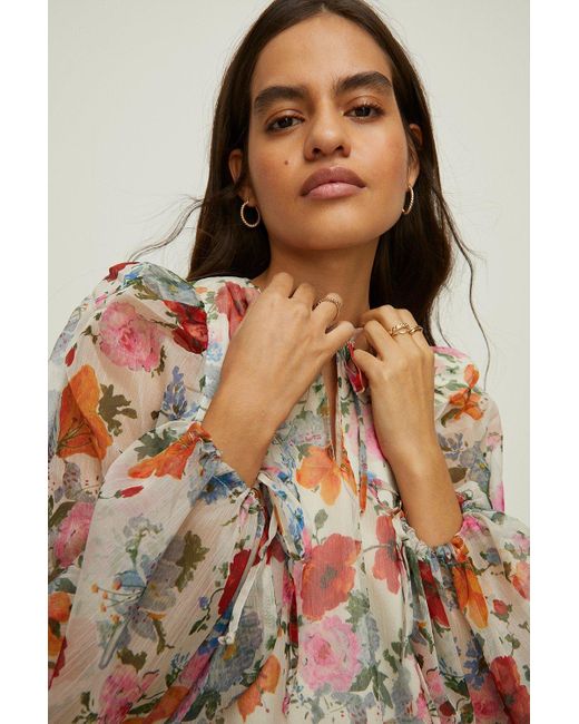 Oasis Blue Poppy Floral Printed Tie Keyhole Blouse