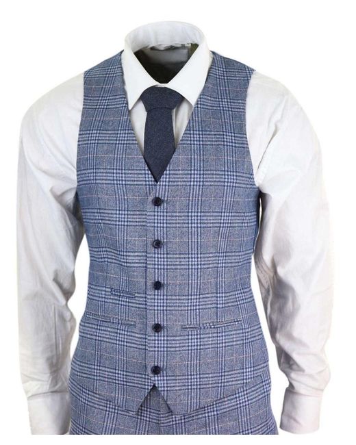 Paul Andrew Blue 3 Piece Tweed Check Vintage Retro Suit for men