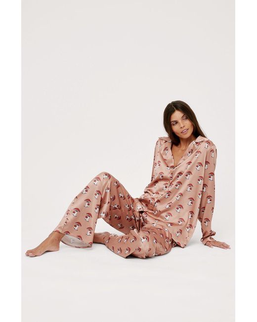 Nasty Gal Pink Satin Mushroom Print Trouser Pajama Set