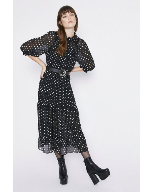 Warehouse Black Spot Print Collar Detail Tiered Midi Dress