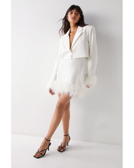 Warehouse White Feather Cuff Tailored Cropped Blazer