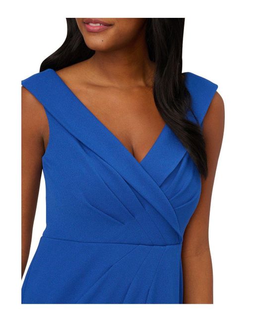 Adrianna Papell Blue Crepe Draped Collared Gown