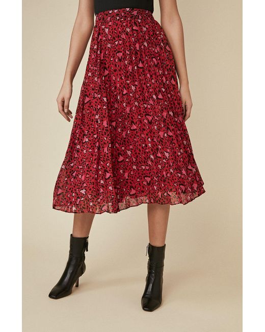 Oasis Red Animal Heart Pleated Chiffon Skirt