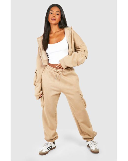 Boohoo Natural Cargo Pocket Cropped Hoodie Tracksuit