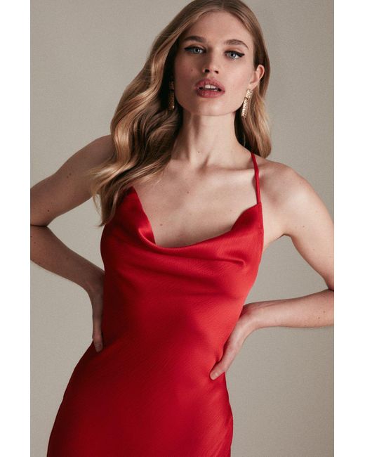 Karen Millen Red Satin Cowl Neck Woven Midi Slip Dress