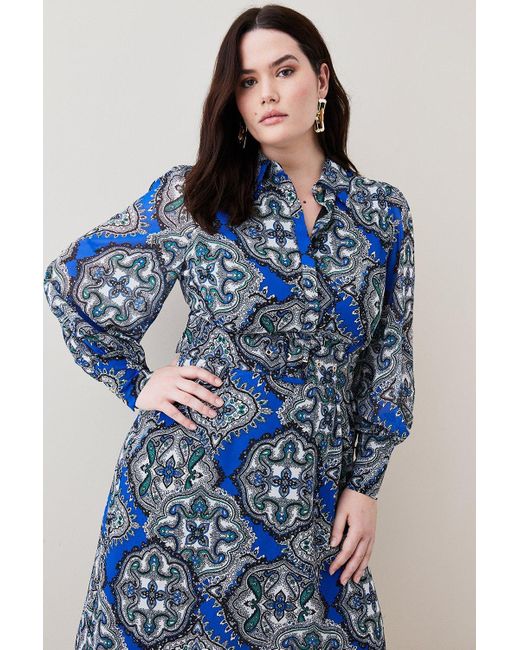 Karen Millen Blue Plus Size Tile Georgette Pleated Woven Shirt Midi Dress