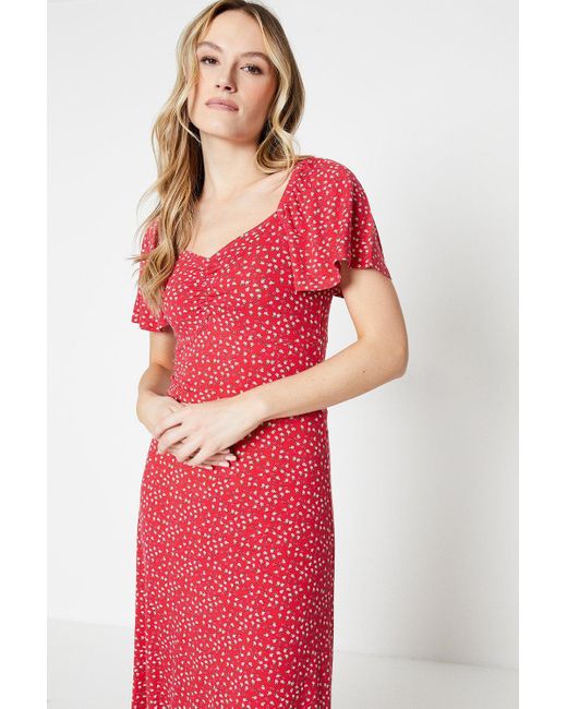 Dorothy Perkins Red Abstract Ruched Front Flutter Sleeve Midi Dress
