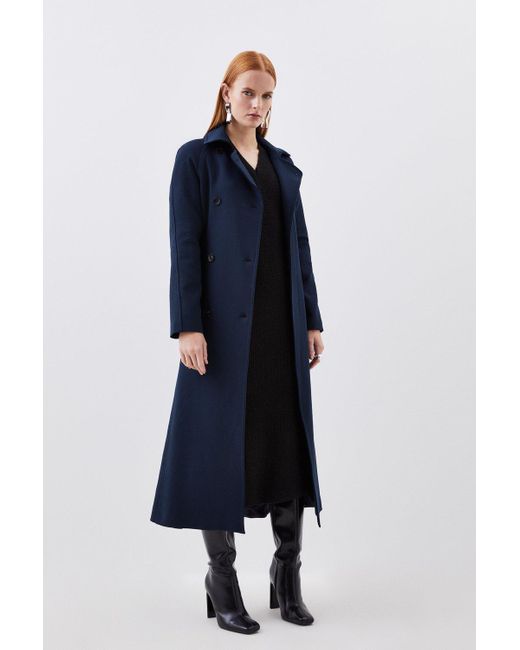 Karen Millen Blue Compact Stretch Double Breasted Button Detail Belted Coat