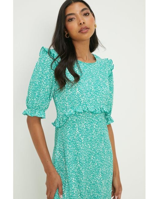 Dorothy Perkins Green Abstract Print Ruffle Shoulder Midi Dress