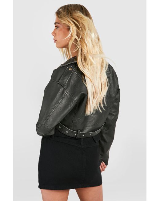 Boohoo Black Vintage Look Faux Leather Crop Biker Jacket