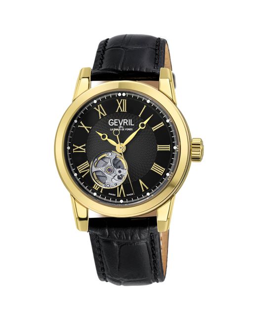 Gevril Metallic Madison Open Heart Ipyg Black Dial, Genuine Black Leather Strap Swiss Automatic Watch for men