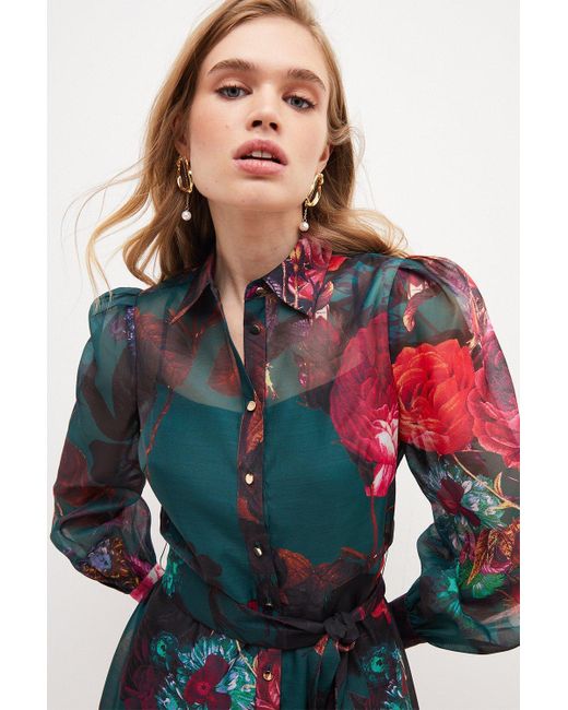 Karen Millen Multicolor Pressed Floral Organdie Mini Shirt Dress