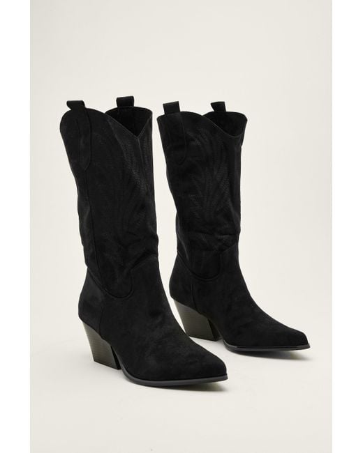 Nasty Gal Black Faux Suede Embroidered Cowboy Boots