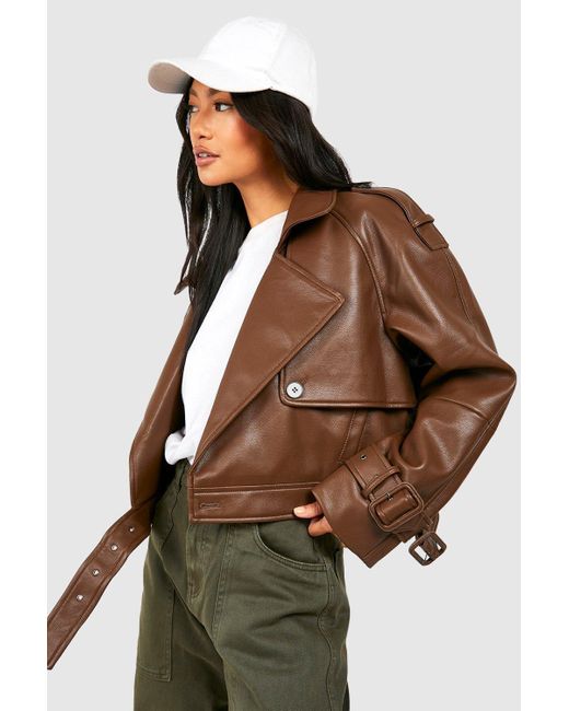 Boohoo Brown Cropped Faux Leather Biker Trench Coat
