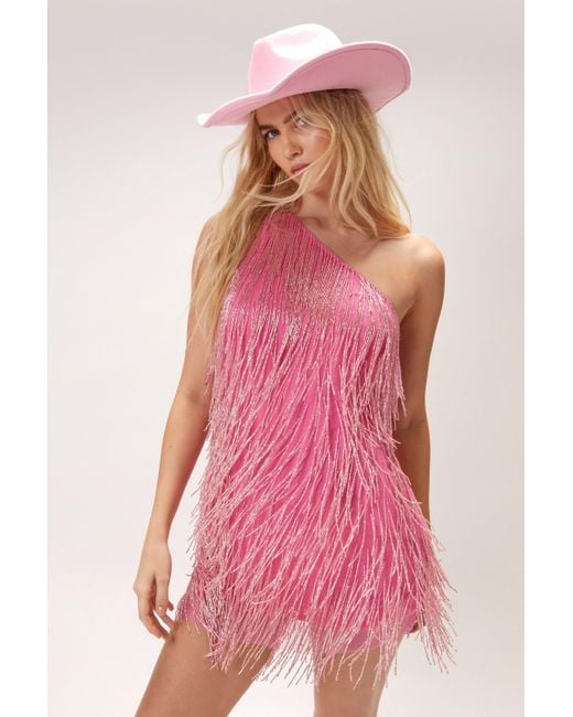 Nasty Gal Pink Tassel Fringe Mini One Shoulder Dress