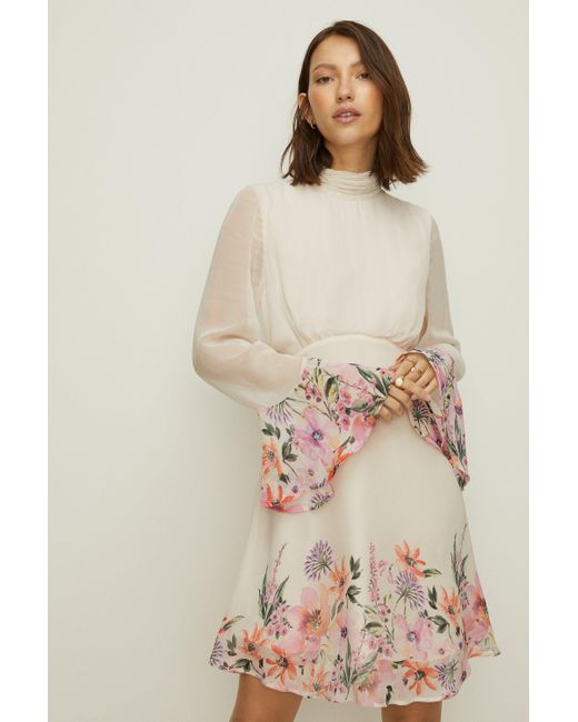 Oasis Natural Rose Dufton Floral Flute Sleeve Mini Dress
