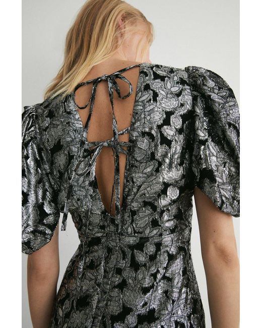 Warehouse Black Sparkle Jacquard V Neck Midi Dress