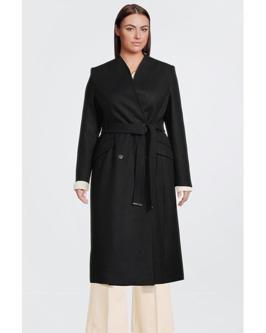 Karen Millen Black Plus Size Tailored Italian Manteco Wool Blend High Neck Belted Maxi Coat