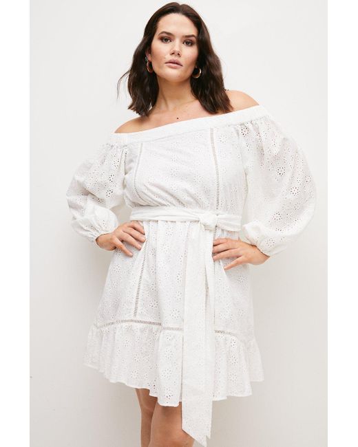 Karen Millen White Plus Size Cotton Broderie Bardot Mini Dress