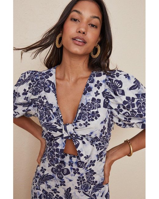 Oasis Blue Tie Front Floral Printed Midi Dress