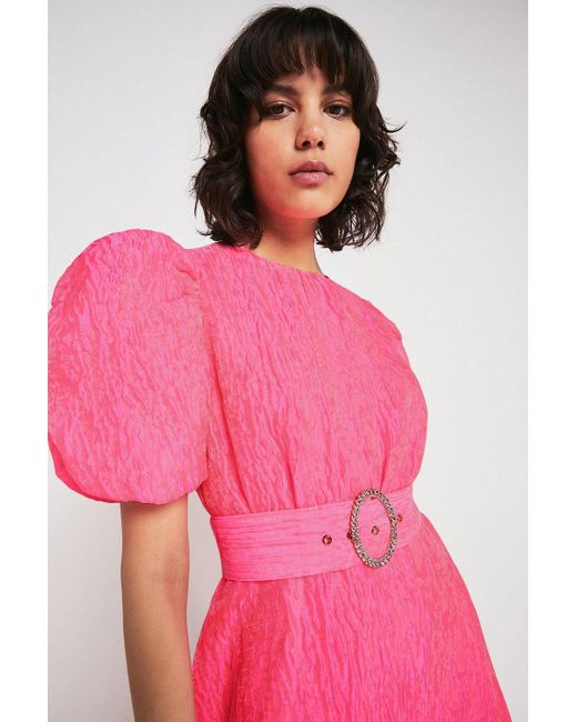 Warehouse Pink Puff Sleeve Dress In Crinkle Organza