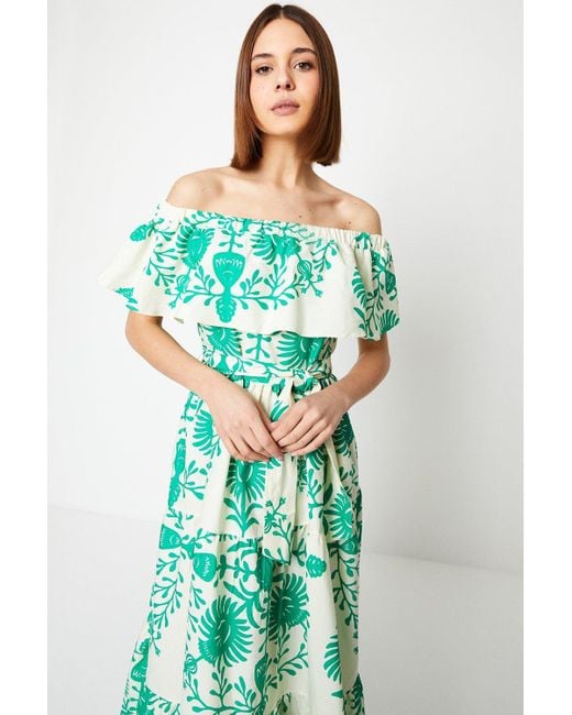 Dorothy Perkins Green Floral Tiered Bardot Midi Dress