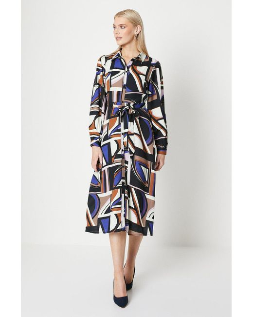 PRINCIPLES Blue Brown Abstract Belted Shirt Dress