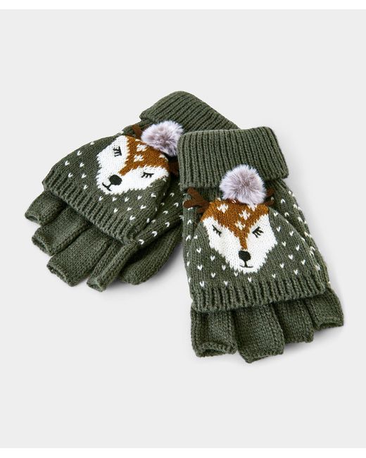Joe Browns Green Cute Deer Pompom Knitted Fingerless Mittens
