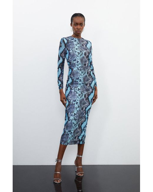 Karen Millen Blue Snake Print Mesh Jersey Maxi Dress