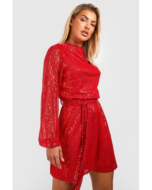 Boohoo Red Sequin Cowl Neck Belted Skater Party Dress