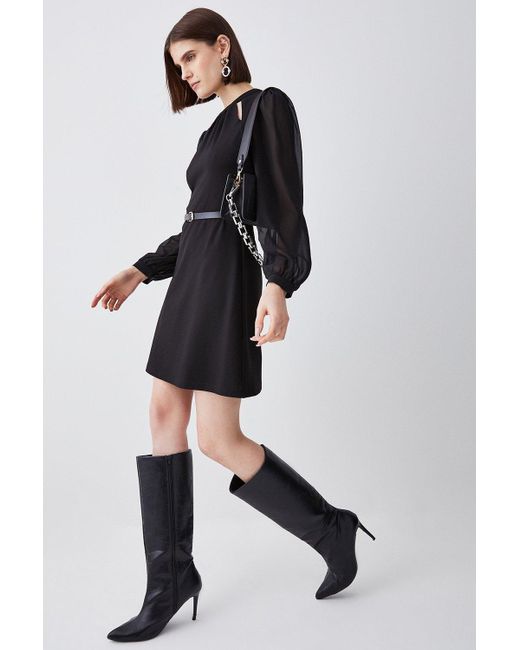 Karen Millen Black Georgette Sleeve Belted Ponte Skater Dress