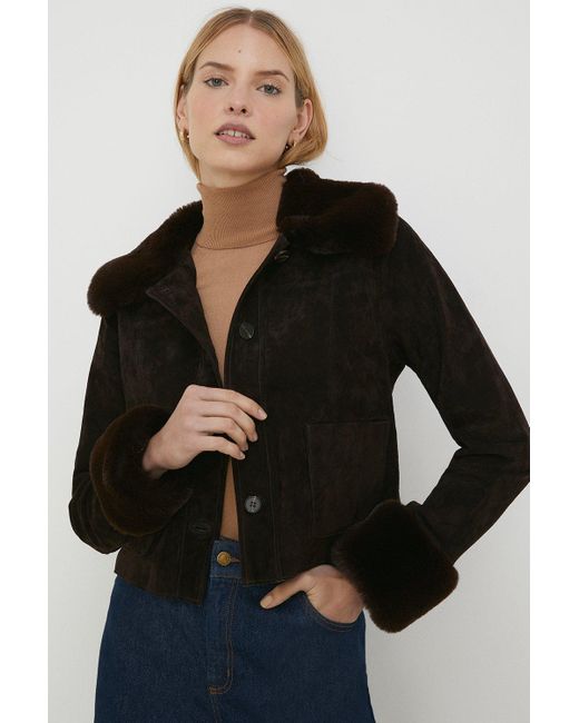 Oasis Black Rachel Stevens Suede And Faux Fur Cropped Jacket