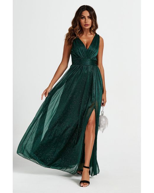 FS Collection Blue Sparkly V Neck Bridesmaid Maxi Dress In Green